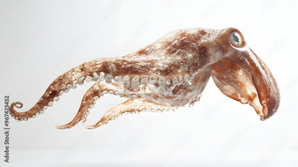Poster 18. **a 3d render of a falling cuttlefish, its unique shape and textures set against a clean white b