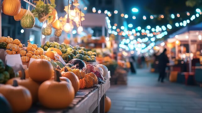A lively Halloween night market glowing pumpkins illuminating the stalls