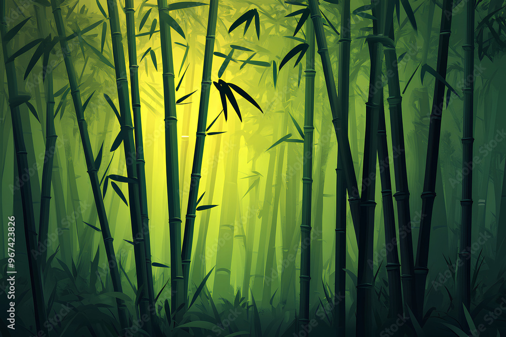 Poster a serene bamboo forest illuminated by soft light, creating a tranquil atmosphere.