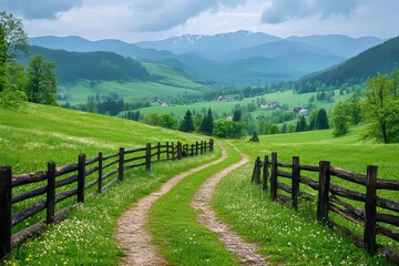 A Tranquil Dirt Path Winding Through Lush Fields and Mountains on a Cloudy Day Near a Village