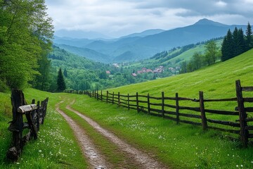 A Tranquil Dirt Path Winding Through Lush Fields and Mountains on a Cloudy Day Near a Village
