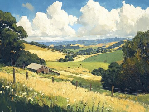 Oil painting depicting a serene ranch landscape showcasing rolling hills and lush greenery emphasizing the beauty of pastoral life