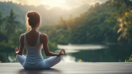 Fototapeta premium Woman practicing meditation by the serene lake surrounded by lush greenery during golden hour in a tranquil setting