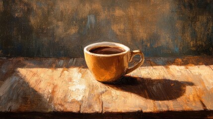 Oil painting showcasing a coffee cup on a rustic wooden table creating a warm beverage atmosphere