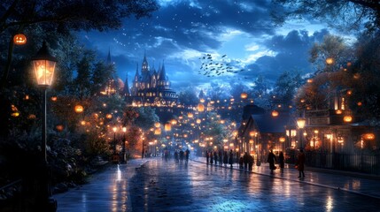 Fototapeta premium A magical village on Halloween night pumpkins glowing in every window