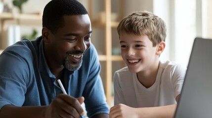 An African American father assisting his teenage Caucasian son with homework, engaging in virtual learning at home.