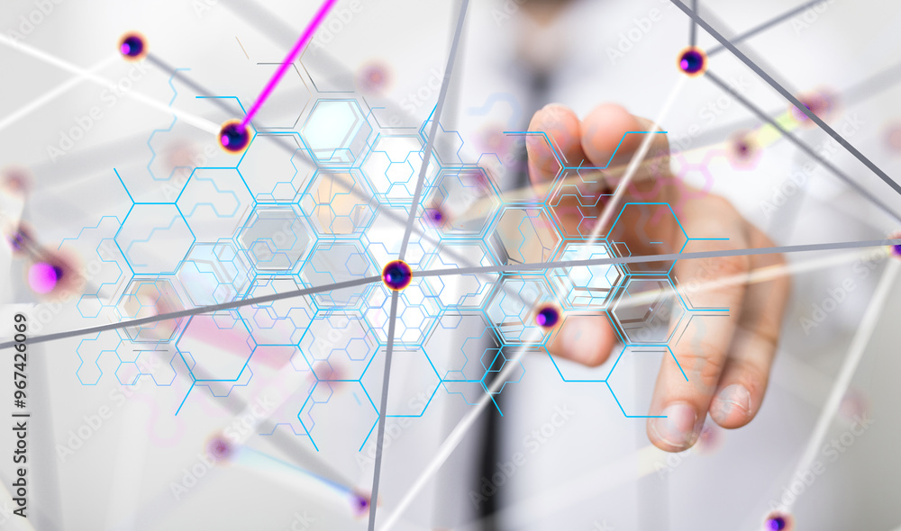 Poster Connecting lines and dots.Big data visualization  - 3d