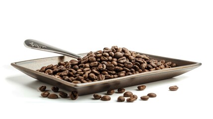 Obraz premium Coffee beans on square plate with scoop on white backdrop