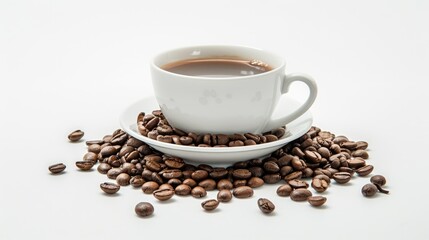 Fototapeta premium Coffee beans on white background with cup and saucer