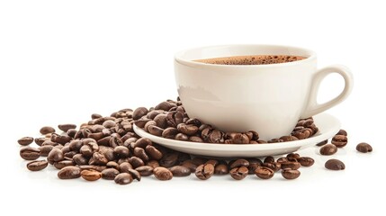 Fototapeta premium Coffee beans on white background with cup and saucer