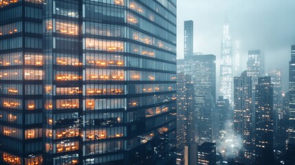 A modern skyscraper with each window displaying glowing pumpkins for Halloween