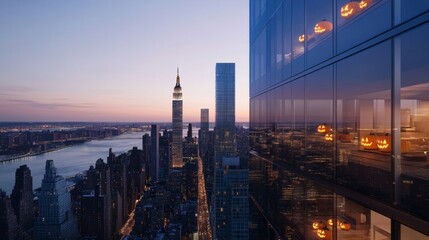 A modern skyscraper with each window displaying glowing pumpkins for Halloween