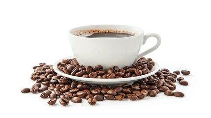 Coffee beans on white background with cup and saucer