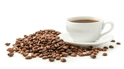 Fototapeta premium Coffee beans on white background with cup and saucer