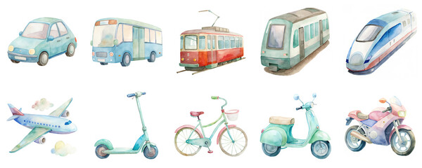 Transportation including cars, trains, airplane, and bicycles, all depicted watercolor illustration set. Elements in soft pastel colors isolated on transparent background