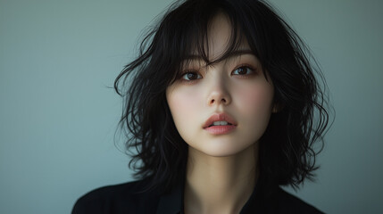 Korean woman with wavy black hair poses softly against a neutral backdrop in a serene indoor setting