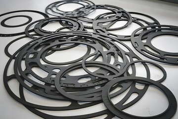 A photo of a stack of black automotive gaskets made of precision rubber, arranged on a white surface.