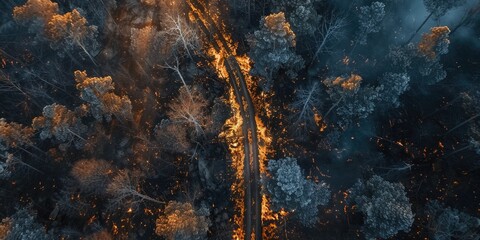 Aerial perspective of a wooded trail in a forest charred by flames