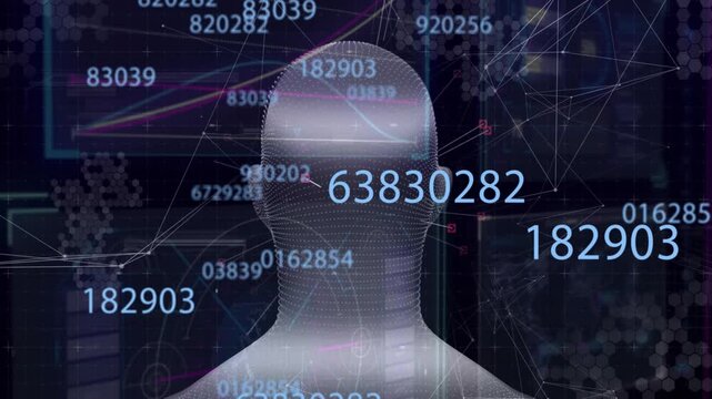 Animation of data processing with network of connections over human model on black background