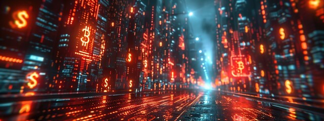 Obraz premium A futuristic cityscape with holographic financial symbols and digital currency icons floating in the air