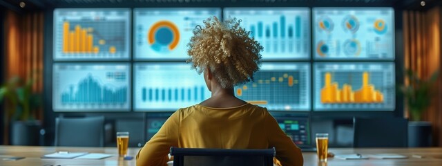 A finance manager analyzing financial trends on a large screen during a virtual team meeting 
