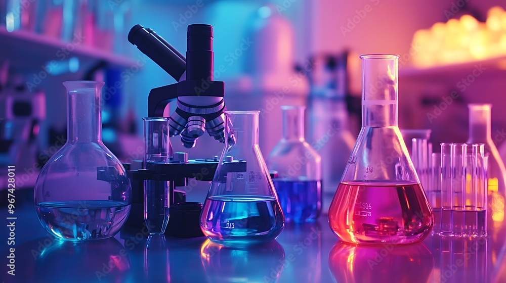 Poster laboratory setting with microscope and chemical flasks