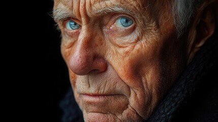 weathered face of elderly man deep wrinkles etched with wisdom intense gaze chiaroscuro lighting emotive portrait