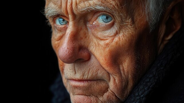 weathered face of elderly man deep wrinkles etched with wisdom intense gaze chiaroscuro lighting emotive portrait