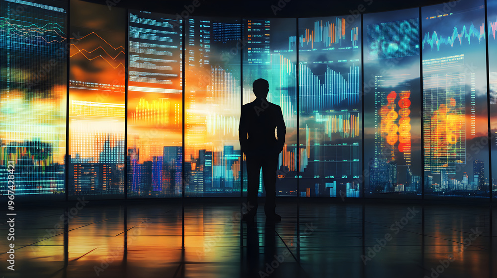 Poster a businessman’s silhouette stands before a panoramic display of vibrant city visuals and digital gra