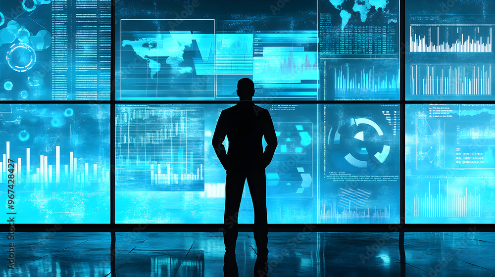 Poster a businessman’s silhouette stands before a futuristic digital display filled with graphs and data, s