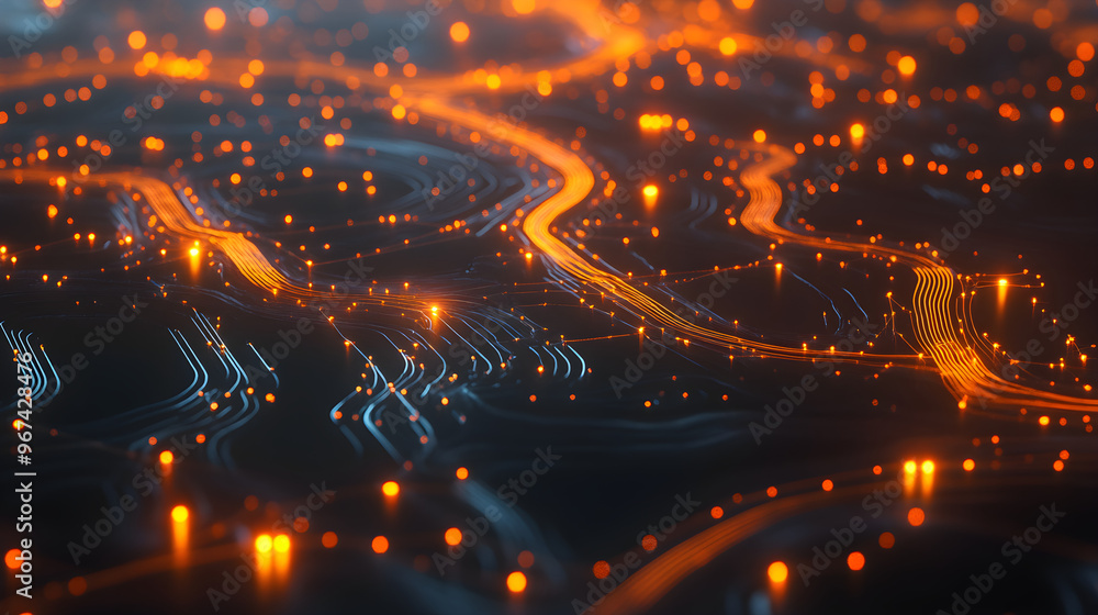 Poster a conceptual digital landscape featuring flowing lines and glowing particles representing cryptocurr