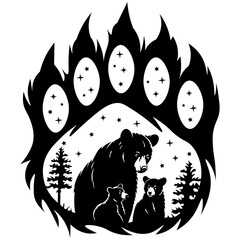 Mama Bear and Cubs,Paw, Hand Drawn Vector Illustration
