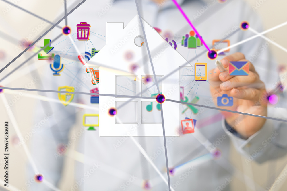 Poster home iot - Neural network 3D illustration. Big data and cybersecurity - 3d
