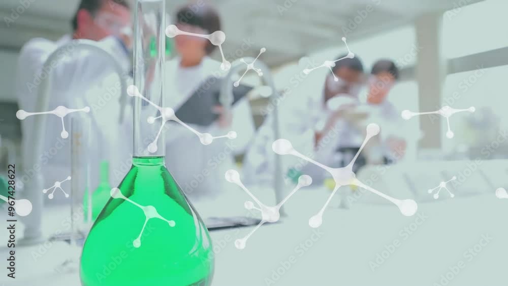 Poster animation of molecules over diverse scientists working in lab