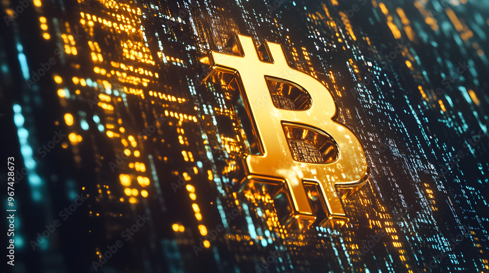 Aufkleber a golden bitcoin symbol floats in front of a digital backdrop, emphasizing cryptocurrency and techno