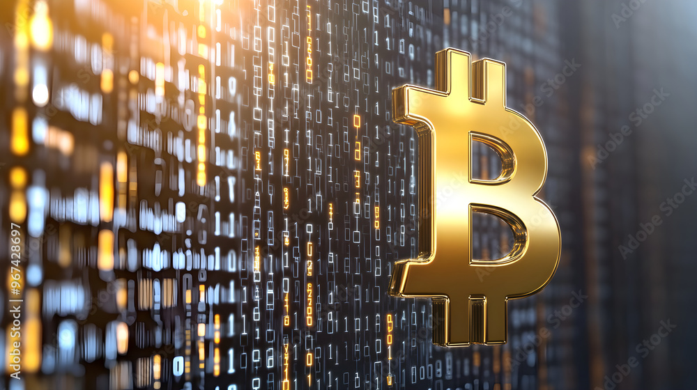 Aufkleber a golden bitcoin symbol floats against a backdrop of glowing digital code representing cryptocurrenc
