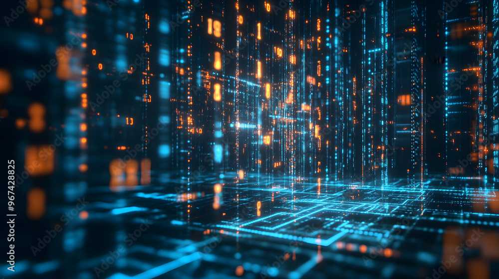 Poster a matrix-like digital environment filled with glowing blue and orange lights creating an immersive a
