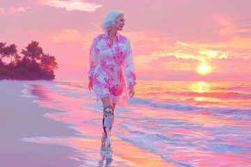 Elegant woman with prosthetic leg walking on serene tropical beach at sunset