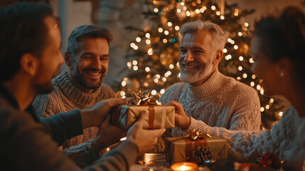 Obraz premium Gay couple exchanging gifts by Christmas tree in cozy living room