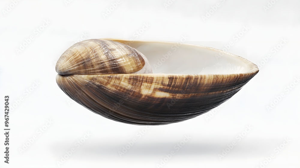 Poster 47. **a 3d render of a falling fresh clam, with its smooth shell and inner meat visible against a cl