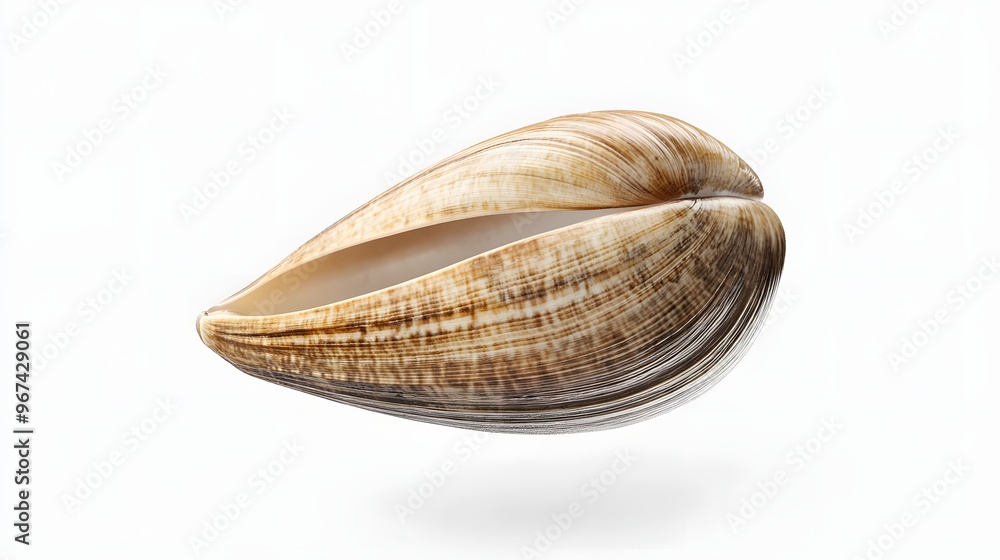 Poster 47. **a 3d render of a falling fresh clam, with its smooth shell and inner meat visible against a cl