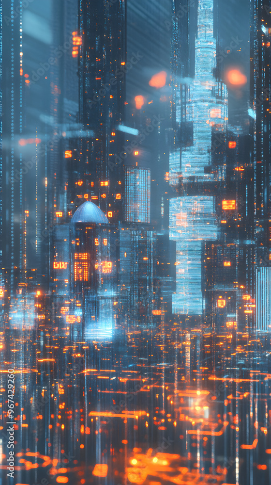 Aufkleber an abstract depiction of data flow through a glowing cityscape with vibrant lights and structures re