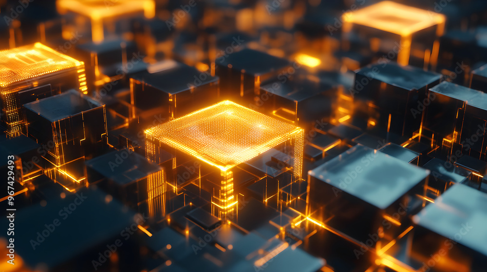 Aufkleber an abstract rendering of cryptocurrency mining with glowing blocks and intricate patterns representi