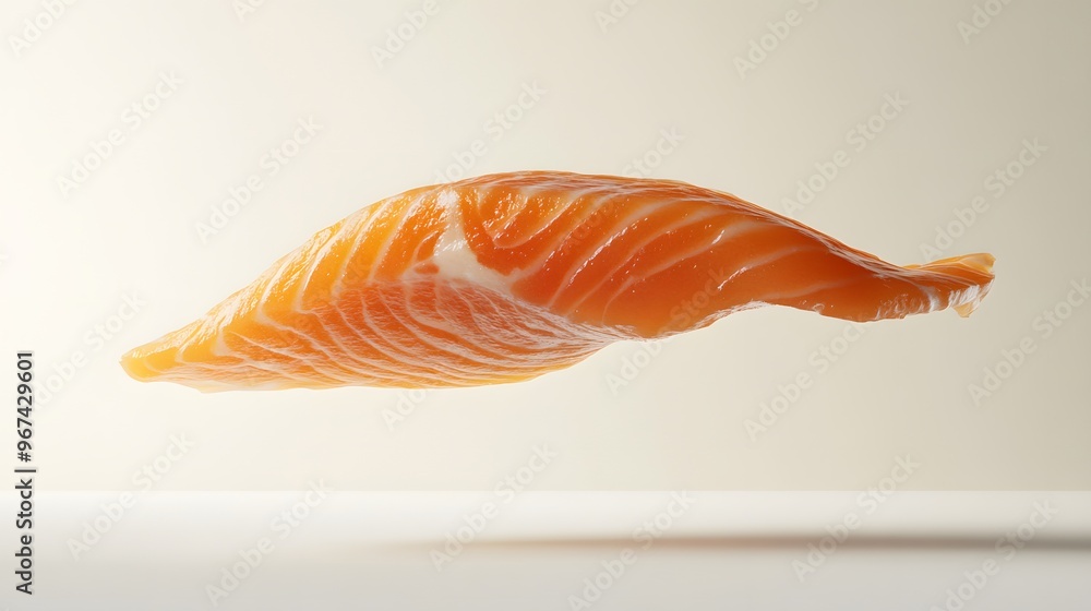 Poster 49. **a 3d render of a falling smoked salmon slice, its rich color and texture highlighted against a