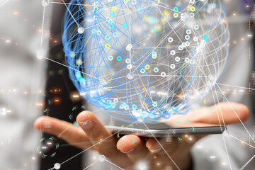 abstract lines with dots over dark background.