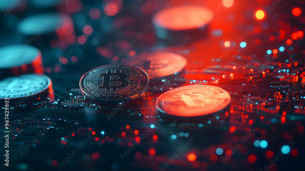 Aufkleber glowing cryptocurrency coins rest on a digital circuit board, showcasing a modern technological back