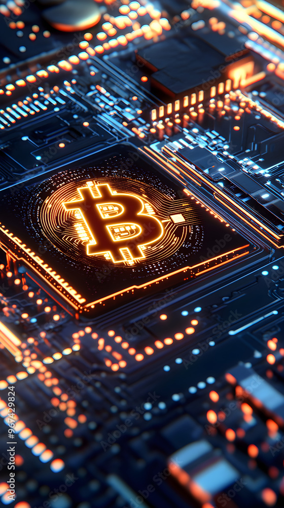 Aufkleber glowing bitcoin symbol on a circuit board with illuminated qr codes highlighting the cryptocurrency 