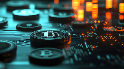 Obraz premium Cryptocurrency coins with a glowing circuit board create a futuristic technological scene highlighting digital finance and blockchain innovation
