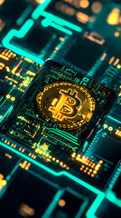 A glowing cryptocurrency wallet with a prominent bitcoin symbol on a futuristic circuit board, showcasing advanced technology and digital finance