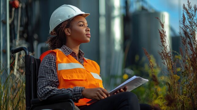Confident African female engineer in wheelchair with safety helmet and vest inspecting Industrial Site